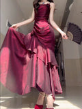 Niulatu Red Satin Long Straps Prom Dress Wine Red A-line Party Dress SD1360