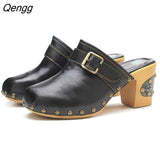 Niulatu Women Sandals 2025 Fashion Basic Ethnic Retro Genuine Leather Square heel 7.5CM Round Toe Casual Women Shoes DJSE