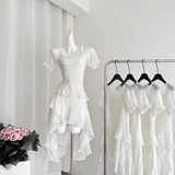 Niulatu High Low Square Neckline White Lace Ruffles Dress Beach Holiday Dresses SD286