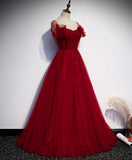 Niulatu tulle round neck long prom dress burgundy evening dress HZ1110