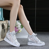 Niulatu Women Lace Casual Shoes Woman Breathable Mesh Sneakers Flats Lace Loafers High Heels Platform Wedges Ladies Creepers DJSE