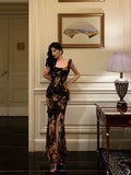 Niulatu Sheath Straps Floral Chiffon Slit Long Prom Dresses Birthday Outfits SD408