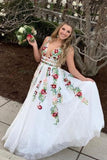 Niulatu V Neck Floral Embroidery Long Lace Prom Dress with Pocket HZ0113