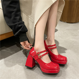Niulatu High Heels Platform Pumps Women's Square Toe Thick Heels Mary Janes Woman Patent Leather High Heels Shoes Party Shoes DJSE