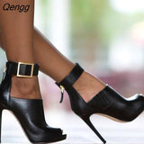 Niulatu Women Pumps Ladies Sexy Buckle Strap Roman High Heels Open Toe Sandals Party Wedding Shoes Size 41 42 Black DJSE
