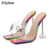 Niulatu PVC Transparent Crystal Sun Flowers Buckle Womens Slippers Summer Square Toe Ladies Strange High Heels Sandals Shoes DJSE