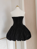 Niulatu A Line Strapless Black Velvet Ruffles Vacation Dresses Short Birthday Outfits SD337