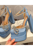 Niulatu Women Pumps Elegant Party Shoes Butterfly-Knot Crystal Hoof Heel Platform Square Toe High Heel Dress Shoes DJSE