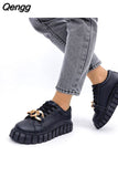 Niulatu Women Autumn Pu Leather Sneakers Sewing Lace-Up Platform Flats Vulcanized Shoes Thick Sole Brief Casual White Black Canvas Shoes DJSE