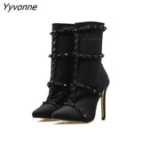 Niulatu Luxury Women 11.5cm High Heels Fetish Rivets Silk Sock Boots Stiletto Ankle Boots Scarpins Studded Red Spring Shoes DJSE