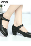 Niulatu Women's Black Working Shoes Mother Shoe Soft Sole Comfortable Mid-heel Single Shoes Non-slip Leather Shoes for Middle-aged Women DJSE