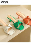 Niulatu Slippers Women Summer Shoes Slides Low Fashion Heeled Mules Pantofle Luxury High 2025 Basic Retro Fabric Rubber Sewin DJSE