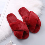 Niulatu Fluffy Slippers Women Cozy Faux Fur Cross Indoor Floor Slides Flat Soft Furry Shoes Ladies Female Celebrities Flip Flops DJSE