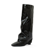 Niulatu Women Loose Boots Fold Knee High Boot Female Pointed Toe Riding Wedges Long Boot Woman Slim Pleated Shoes Luxury Brand Designer DJSE