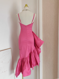 Niulatu Sheath Spaghetti Straps Hot Pink Satin Dinner Party Dresses Birthday Outfits SD394