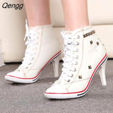 Niulatu Women Canvas Shoes Denim High Heels Rivets Shoes Fashion Shoe Laces Sneakers Women Short Women's Pumps black blue DJSE