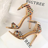 Niulatu Shoes Color Rivets Women Sandals Roman Style Heeled Sandals Hollow Out High Heels Stiletto Sexy Party Shoes Sandals DJSE