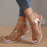 Niulatu Women Sandals 2025 Summer Crystal Flower Decoration Chunky Heel Peep Toe Back Strap Elastic Band Elegant Fashion Women's Shoes DJSE