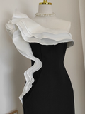 Niulatu Sheath One Shoulder Satin Dinner Party Dresses Black Birthday Outfits SD382