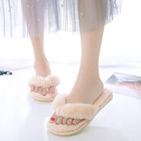 Niulatu Fluffy Slippers Women Cozy Faux Fur Cross Indoor Floor Slides Flat Soft Furry Shoes Ladies Female Celebrities Flip Flops DJSE