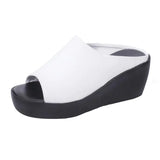 Niulatu Women's Summer Wedges Slippers Slip-On Shoes Woman Flat Peep Toe Breathable Soft Platform Leather Sandals Platform Shoes DJSE