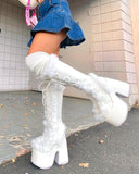 Niulatu High Platform Boots High Chunky Heel Round Toe Mid Calf Boots Elegant Women Casual Outfit Winter Cross Tied Shoes DJSE