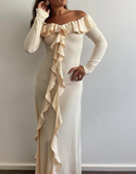 Niulatu Off The Shoulder Ruffles Cream Long Prom Dress Slit Party Evening Dress HZ1007