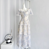 Niulatu A line Strapless Short Sleeves Blue Floral Dress Long Holiday Dresses SD316