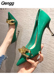 Niulatu Shoes 2025 Pointed Toe Stiletto Shoes Women Green Pumps Patent Leather High Heels with Metal Chain Ladies Office DJSE
