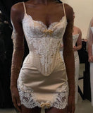 Niulatu Sheath Spaghetti Straps Lace Satin Short Prom Dress Birthday Dress HZ0113