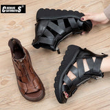 Niulatu Women Summer Sandals Mid Heels Wedges Shoes Ladies Vintage Genuine Leather Sandals DJSE