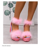 Niulatu Sandals High Heels with Fur Female Platform Pumps Women Ankle Strap Women's Wedge Shoes 2025 Summer DJSE