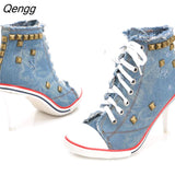 Niulatu Women Canvas Shoes Denim High Heels Rivets Shoes Fashion Shoe Laces Sneakers Women Short Women's Pumps black blue DJSE