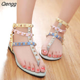 Niulatu Women Rainbow Color Rivet Sandals 2025 New Women Shoes Peep Toe Rainbow Shoes Woman Gladiator Sandals Ankle Strap Flats DJSE
