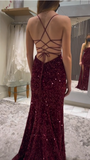 Niulatu Mermaid Spaghetti Straps Burgundy Sequin Prom Dresses Party Dress SD1316