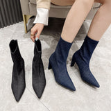 Niulatu Women Ankle Boots Pointed Toe Sock Botas Thick High Heels Black/Blue Denim Stretch Shoes Back Zipper Winter Autumn Botas DJSE