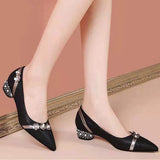 Niulatu Women's Autumn Shallow Leather Shoes All-match Low Heel Crystal Elegant Flower Shoes Soft Ladies's Party Blue Black Work Shoes DJSE