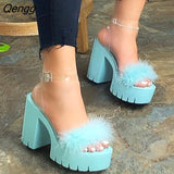 Niulatu Furry Sandals Fashion Shoes Ladies Banquet Women's High Heel Fur Platform Summer Outdoor Party Buckle Slippers Spring DJSE