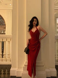 Niulatu Sheath Halter Red Slit Velvet Prom Dresses Birthday Outfits SD771