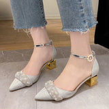 Niulatu High Heels Pumps Women Elegant Pearl Buckle Square Heels Wedding Party Shoes Ladies Pointed Toe Ankle Strap Pumps DJSE