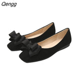 Niulatu Women's Fashion Butterfly-knot Square Toe Party Leather Ballet Big Size 43 Shallow Ladies Loafers Black Blue The New DJSE