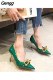 Niulatu Shoes 2025 Pointed Toe Stiletto Shoes Women Green Pumps Patent Leather High Heels with Metal Chain Ladies Office DJSE