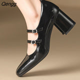 Niulatu Toe Patent Leather Mary Janes High Heels Pumps For Women Spring Summer Party Chunky Shoes Ladies DJSE