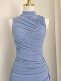 Niulatu Sheath High Neckline Blue Ruffles Vacation Dresses Short Birthday Outfits SD346