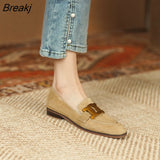 Niulatu Metal Buckle Loafers Women's English Style High Heel Flat Single Shoes Ladies Dress Shoes Faux Suede Low DJSE