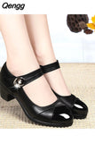 Niulatu Women's Black Working Shoes Mother Shoe Soft Sole Comfortable Mid-heel Single Shoes Non-slip Leather Shoes for Middle-aged Women DJSE