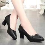 Niulatu Women Cute European Stylish Round Toe Black Pu Leather Square Heel Pumps Lady Casual Wine Red Comfort Summer Heel Shoes DJSE