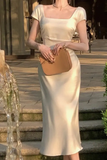 Niulatu Square Neck Long Party Dress Beige Satin Mermiad Prom Evening Dress HZ1007