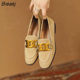Niulatu Metal Buckle Loafers Women's English Style High Heel Flat Single Shoes Ladies Dress Shoes Faux Suede Low DJSE
