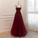 Niulatu Burgundy Spaghetti Straps Sequins Beaded Formal Prom Dress Tulle Party Evening Dress HZ1007